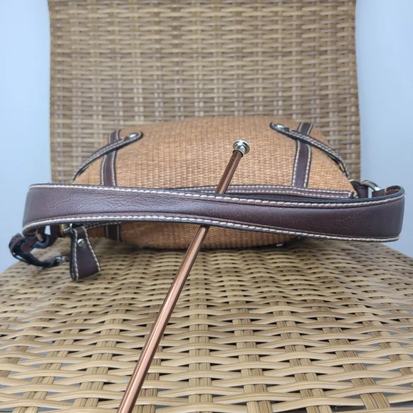 Fossil Bag Satchel Tan Straw Material Brown Leather Shoulder Strap Key Charm - Picture 13 of 16